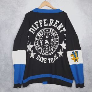 Viadella VDR Cardigan Sweater Mens Large Black Blue Oversized Letterman Patch